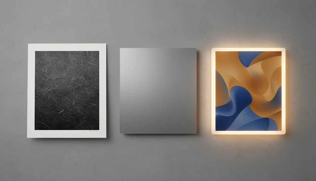 Comparatif matière affiche art abstrait : papier texturé, aluminium brossé, panneau LightPanel allumé
