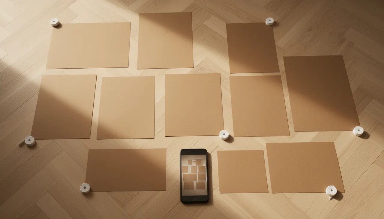 Test de disposition au sol avec gabarits kraft Composition au sol de gabarits papier kraft sur parquet avant accrochage final