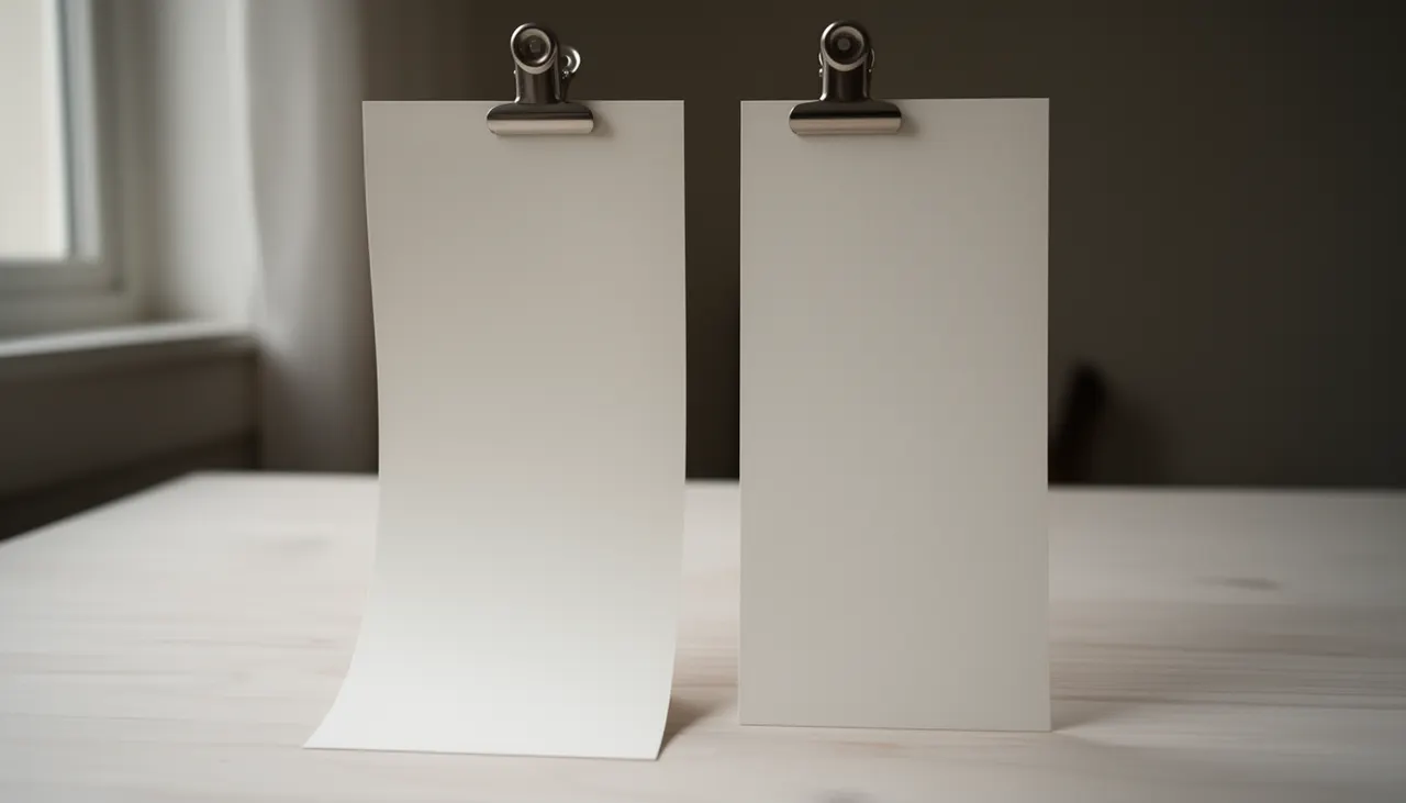 Test rigidité papier affiche Échantillons de papier 170g et 250g pliés pour montrer rigidité