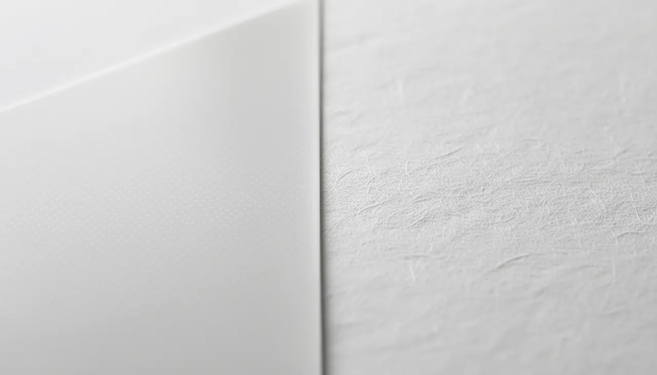 Texture papier : Fine Art vs Poster standard Gros plan macro sur la texture fibreuse d'un papier Fine Art 100% coton 310g vs papier couché brillant 170g