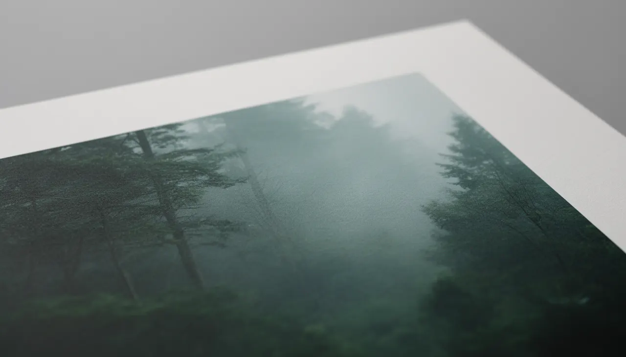 Gros plan texture papier mat affiche forêt brumeuse sur mur clair