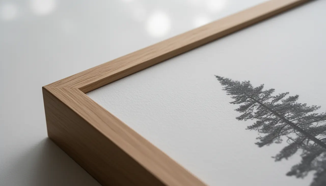 Texture papier mat et cadre bois clair Gros plan sur texture papier mat d'affiche scandinave encadrée bois clair