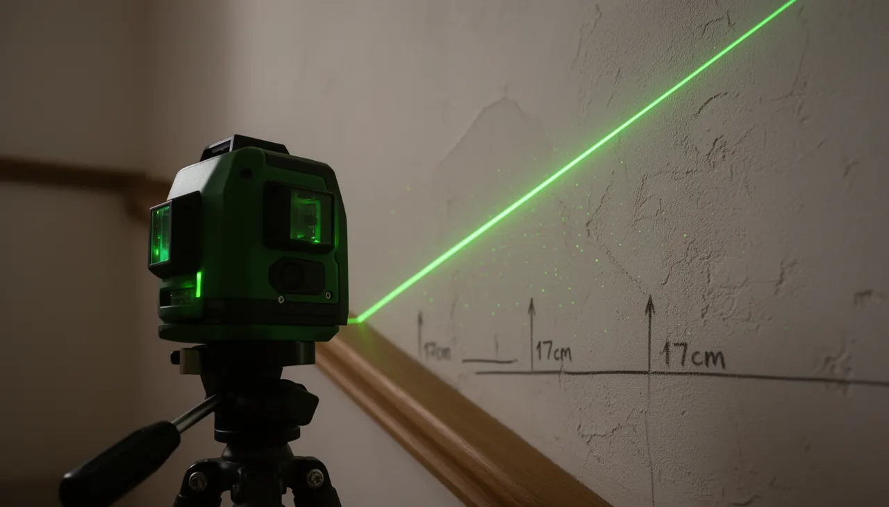 Niveau laser projetant une ligne diagonale rouge sur un mur d'escalier, repères crayon au-dessus des marches