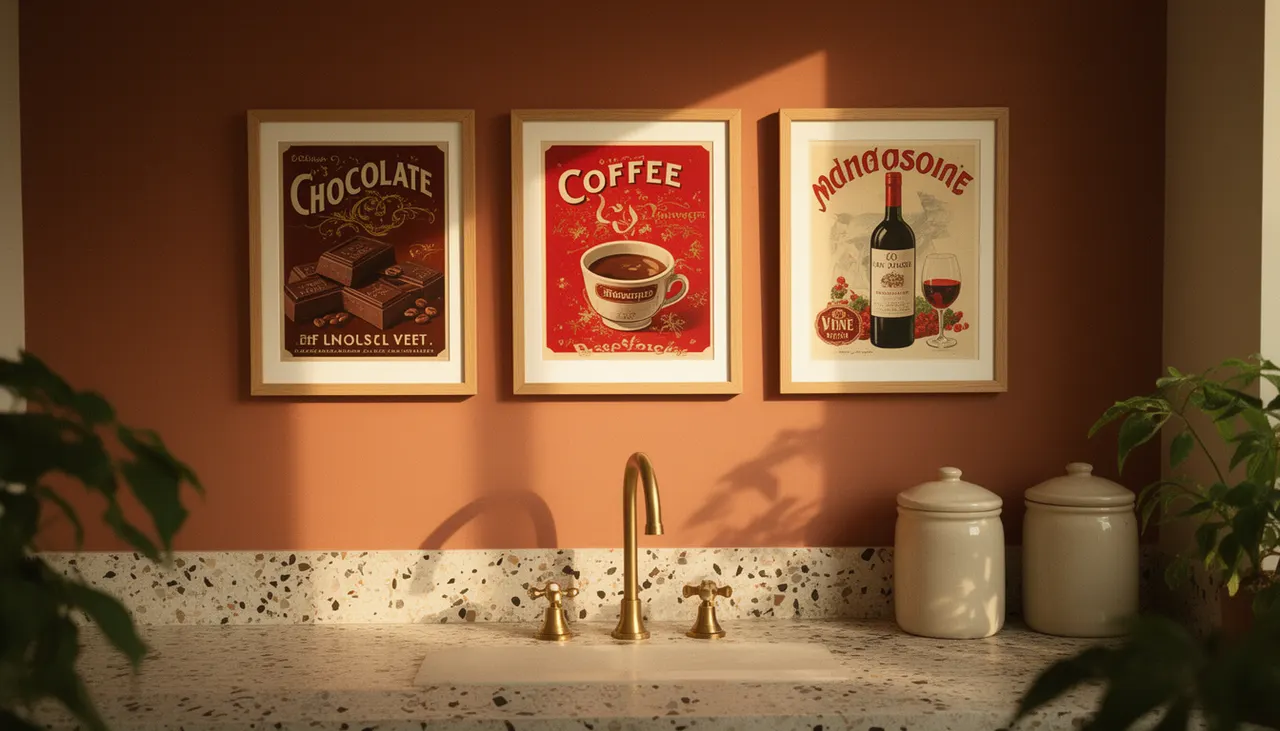 Triptyque affiches vintage cuisine Mur de cuisine avec triptyque d'affiches vintage publicité chocolat café vin encadrées chêne clair
