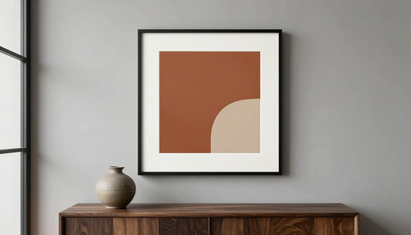 Grande affiche carrée minimaliste au-dessus d'un buffet
