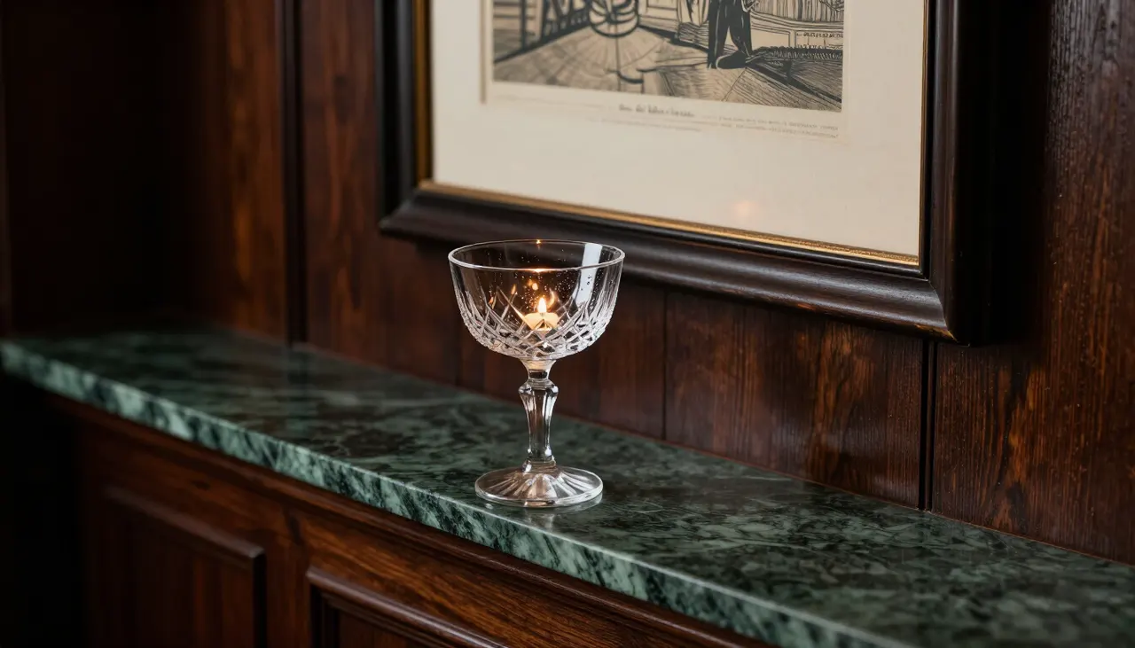 Ambiance speakeasy classique Angle de bar sombre avec boiseries et verres anciens