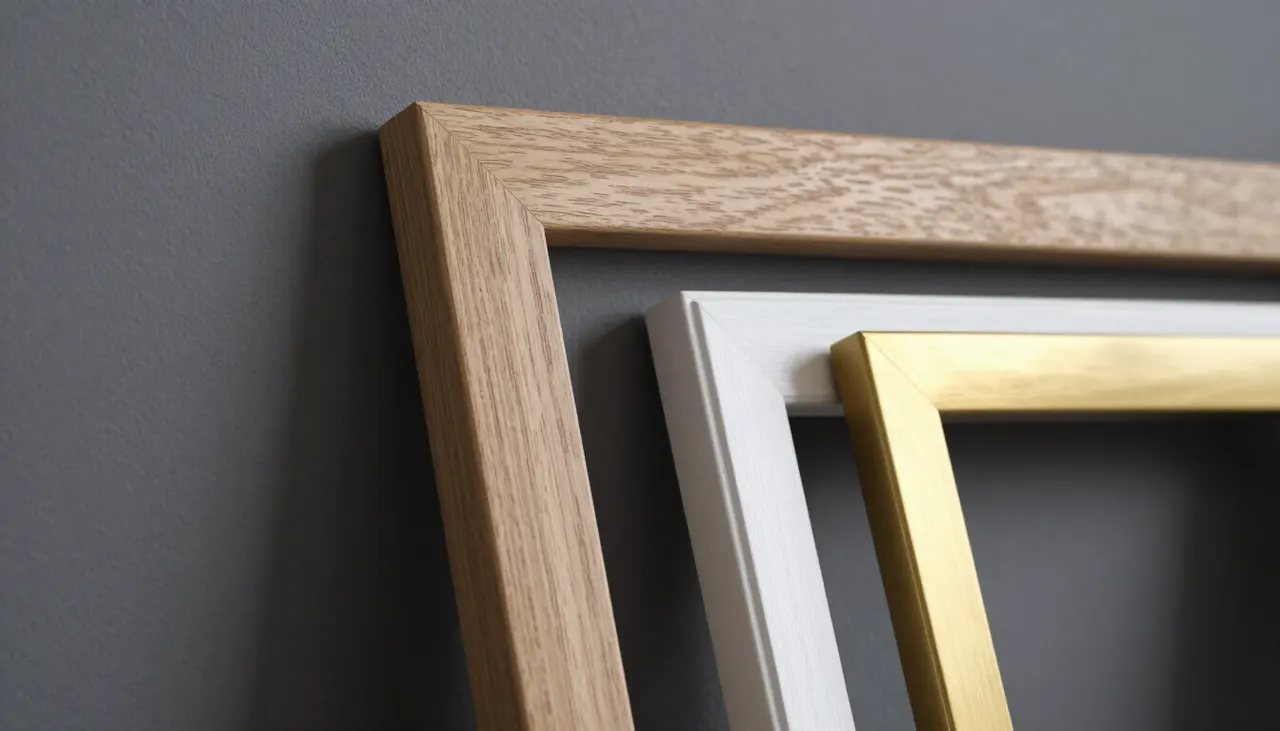 Cadres lumineux Cadres en bois clair et doré sur mur gris