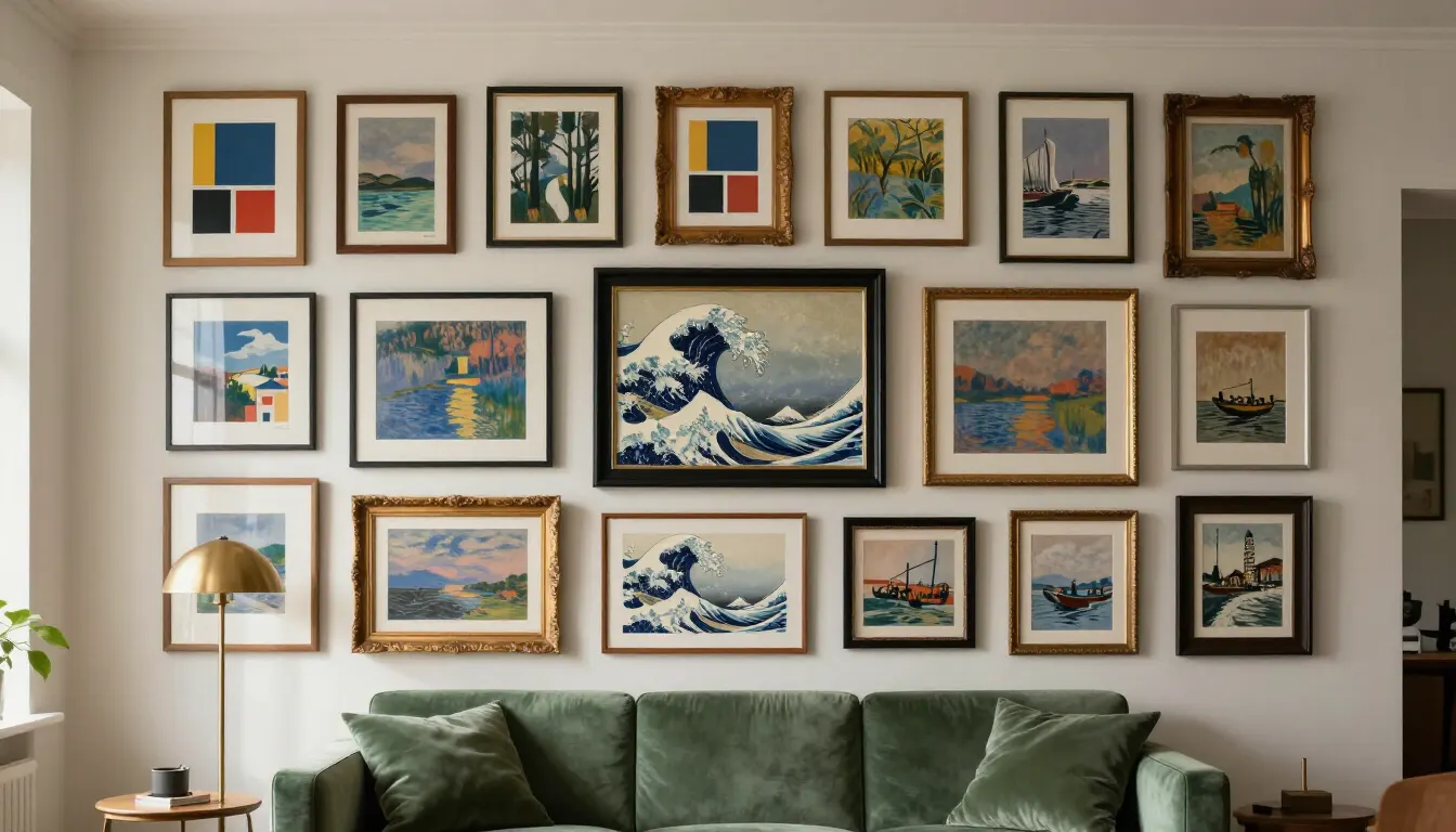 Mur maximaliste avec nombreuses affiches encadrées au-dessus d'un canapé