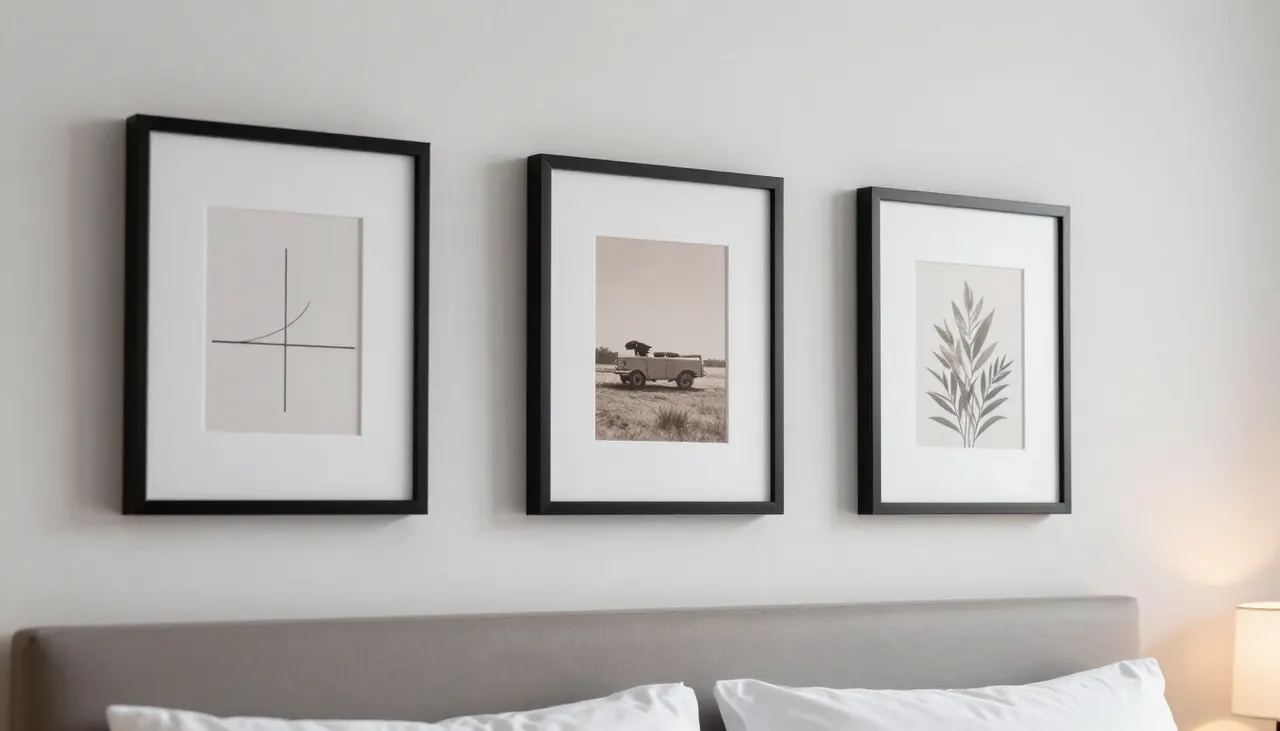 Composition murale symétrique au-dessus du lit Mur chambre d'amis avec trois cadres alignés