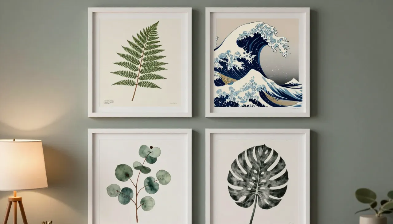 Composition nature vert sauge et bleu indigo Affiches botaniques et vague Hokusai au mur