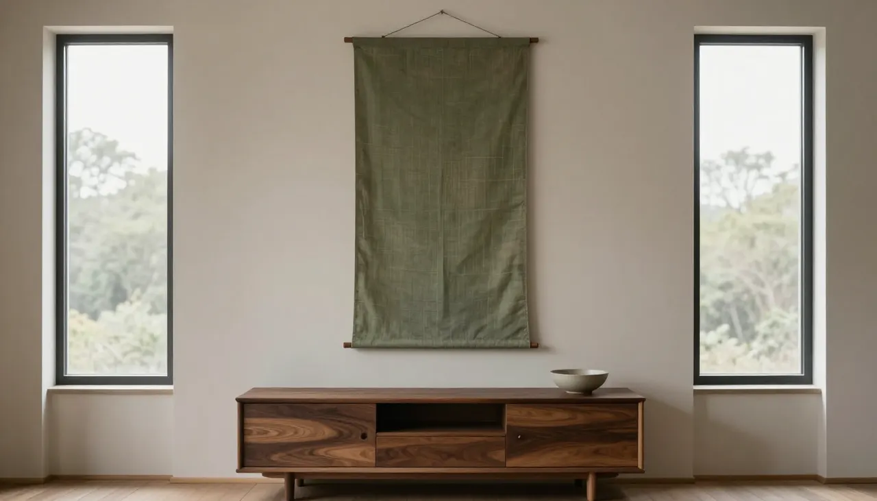 Intégration murale du kakemono Grand kakemono vertical au-dessus d'un buffet