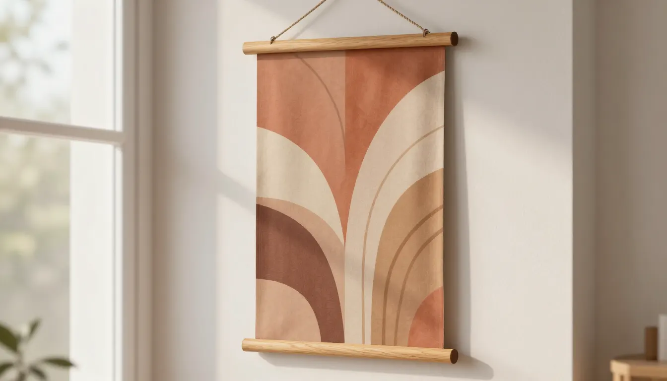 Kakemono en tissu suspendu dans un salon épuré