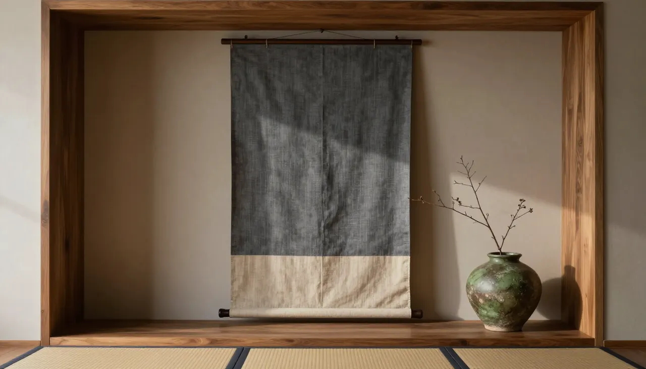Origines du kakejiku Kakemono textile près d'une alcôve japonaise épurée
