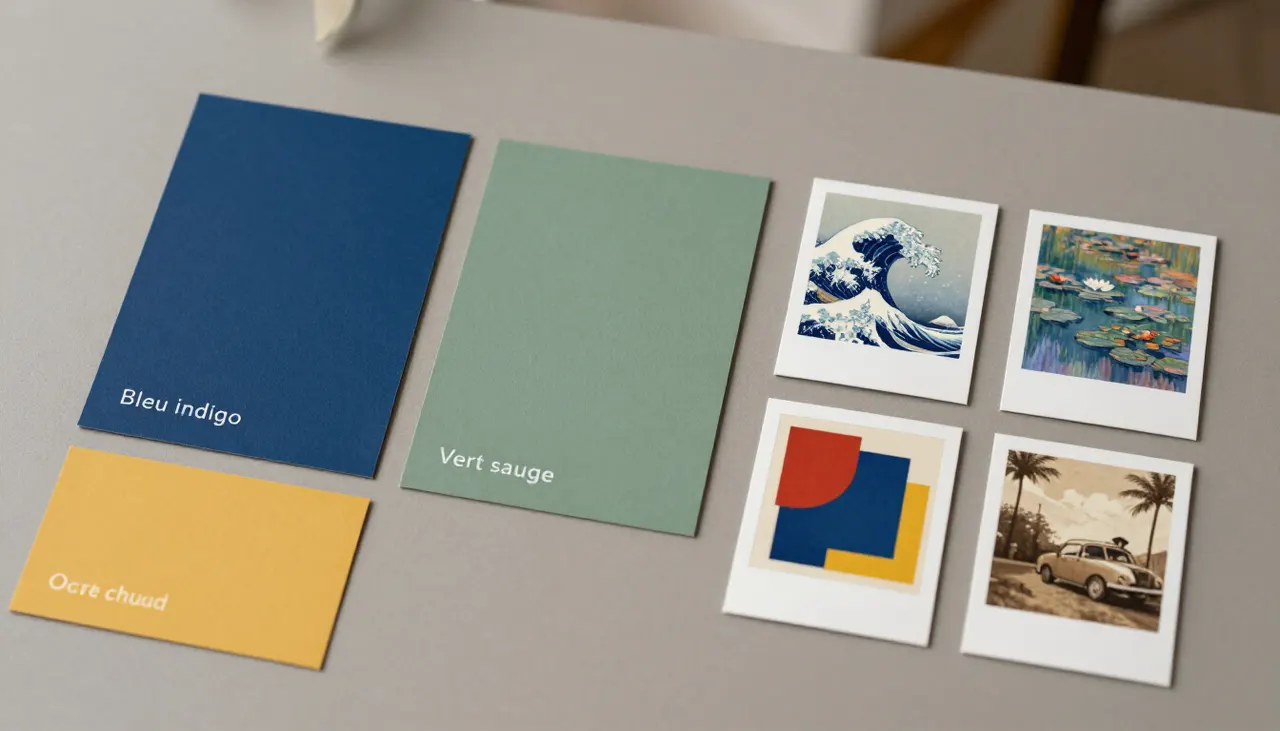 Palette trois couleurs unifiante Nuancier trois teintes bleu vert ocre pour mur maximaliste