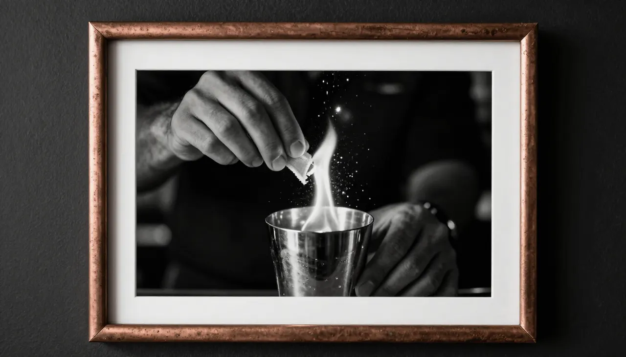 Photo noir et blanc cocktail Photographie noir et blanc de zeste d'orange flambé