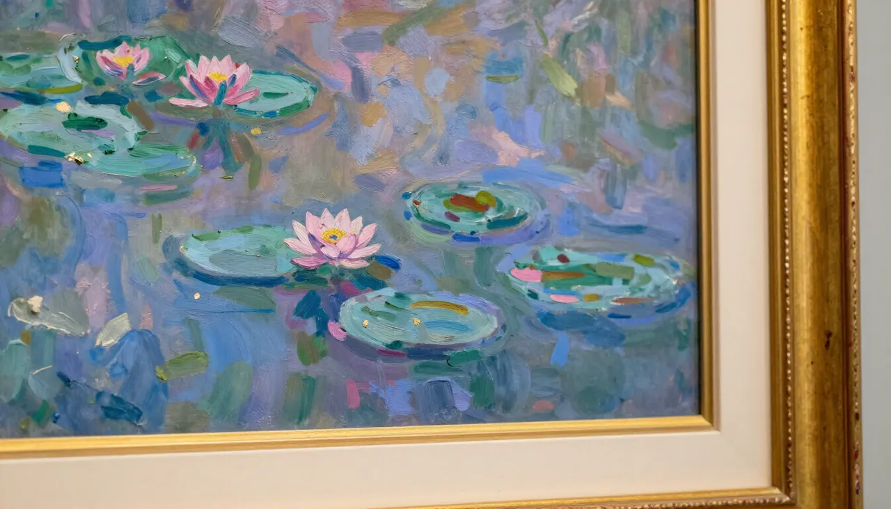 Reproduction impressionniste en cadre doré patiné Détail nymphéas Monet encadré bois doré