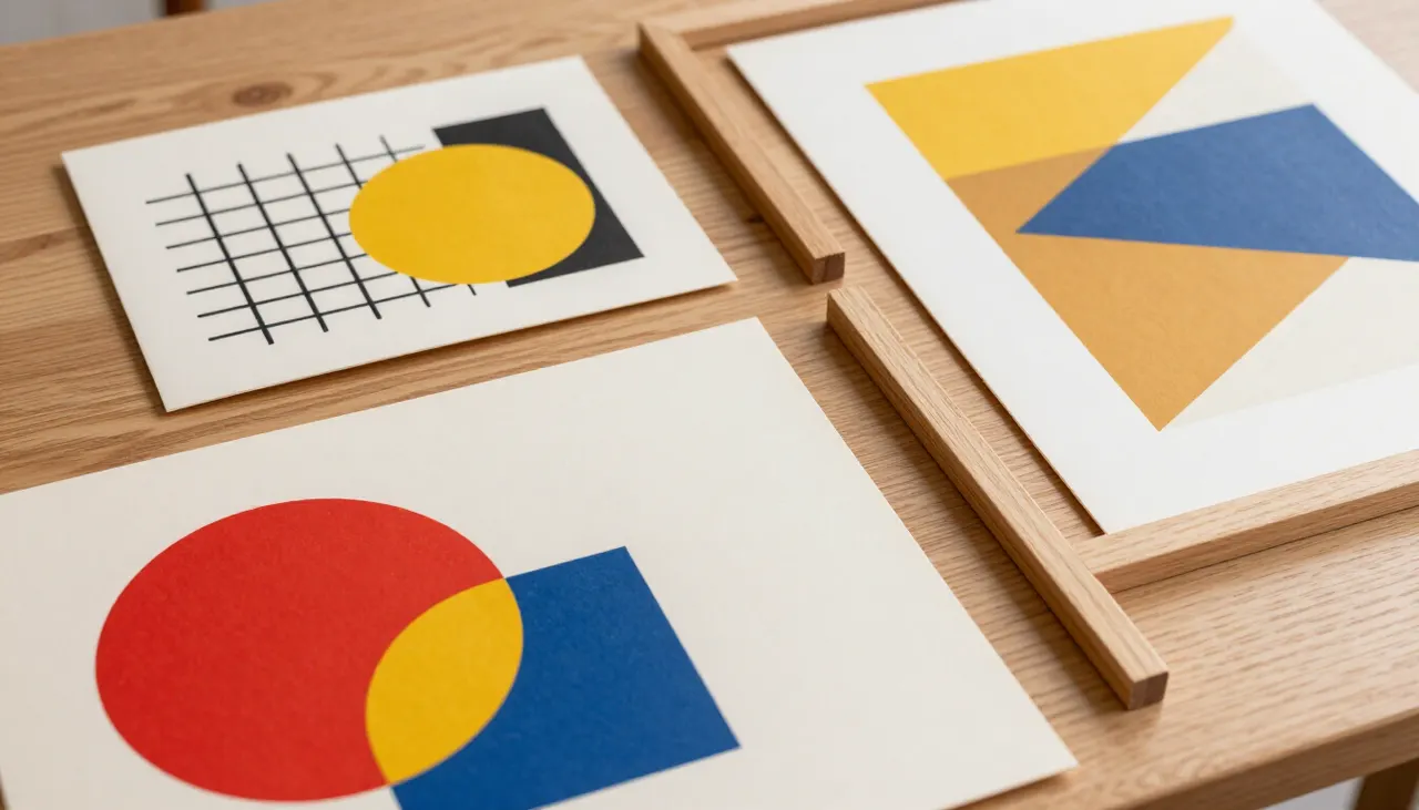 Série Bauhaus en cadres chêne clair Affiches géométriques Bauhaus encadrées bois clair